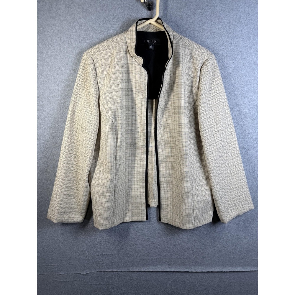 Perceptions Suit Jacket Womens 16 Beige Check Open Front Lined Career Workwear